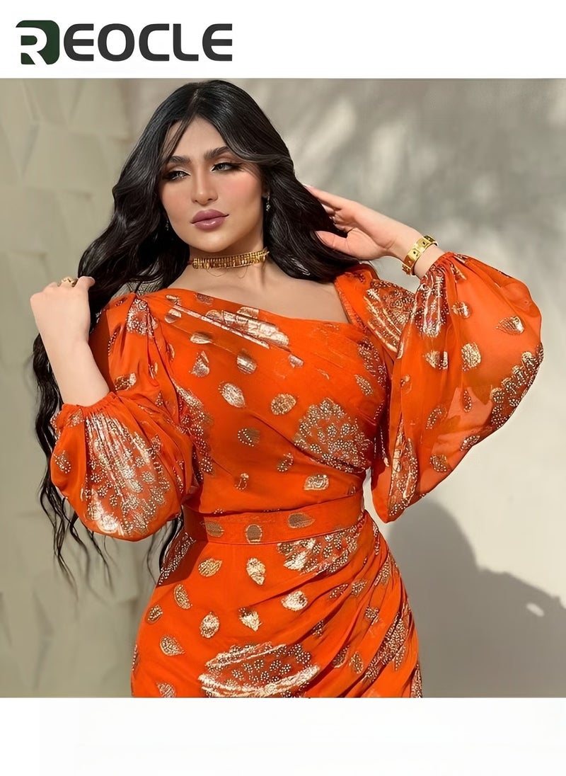 ريوكل فستان كرة شيفون مطبوع باللون الذهبي - Image 5