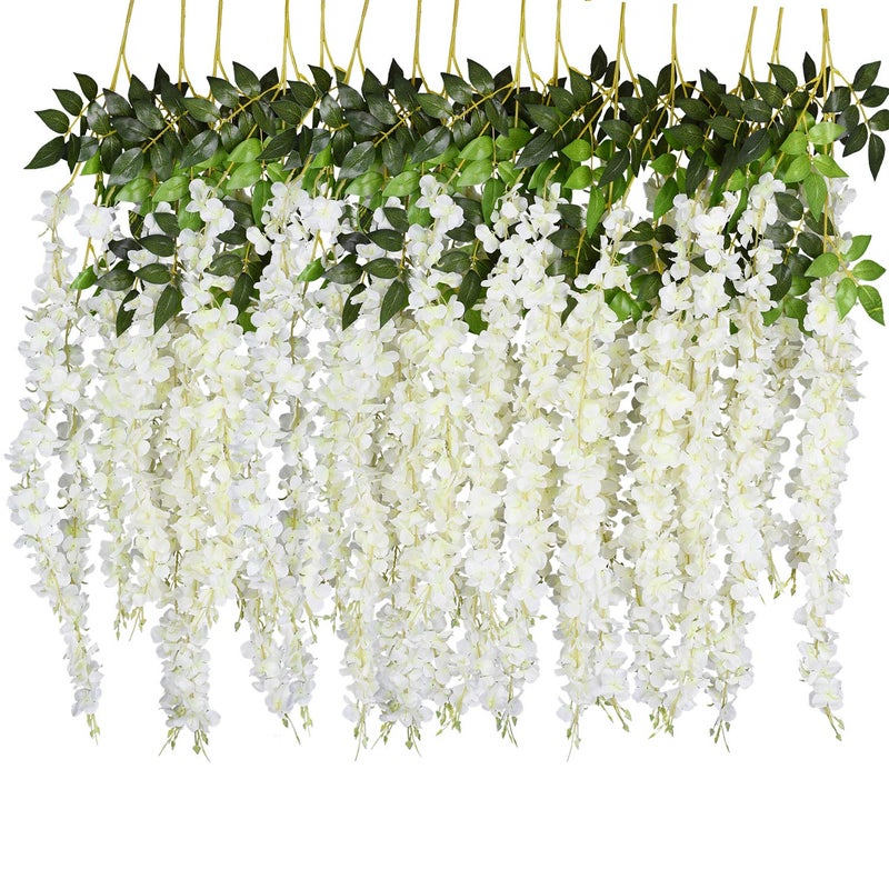 DearHouse 6 Pack Artificial Fake Wisteria Vine Ratta Hanging Garland, 3.75 Feet/Piece Silk Flowers String Home Party Wedding Decor (6PCS-Large White Wisteria) - Image 1