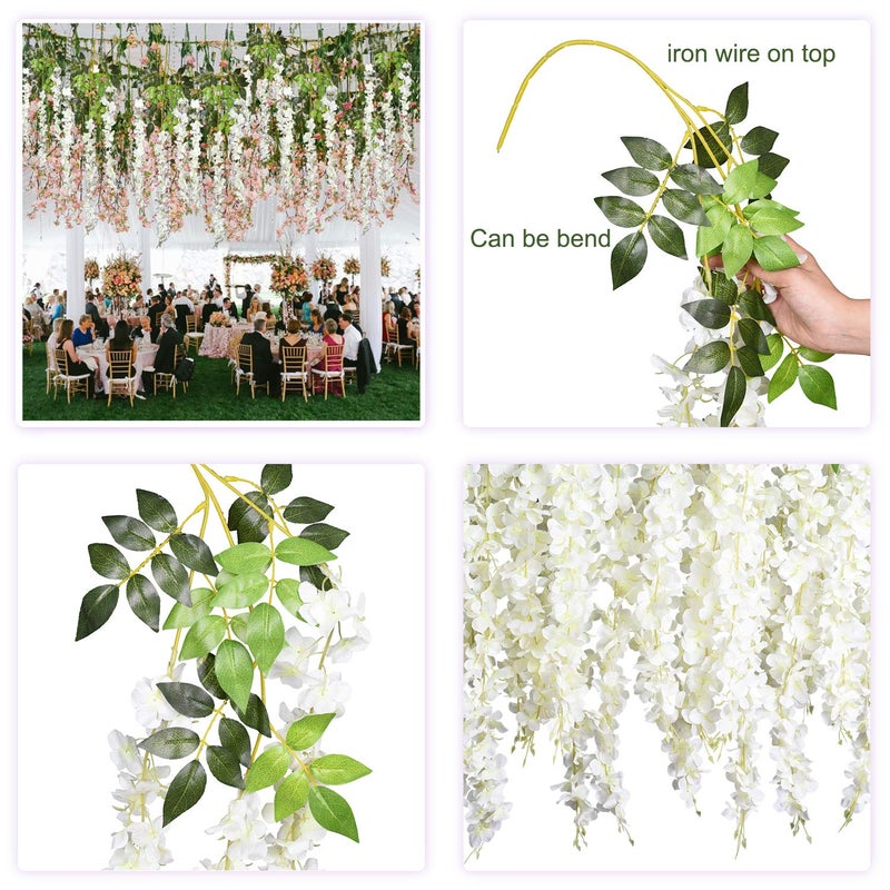 DearHouse 6 Pack Artificial Fake Wisteria Vine Ratta Hanging Garland, 3.75 Feet/Piece Silk Flowers String Home Party Wedding Decor (6PCS-Large White Wisteria) - Image 2