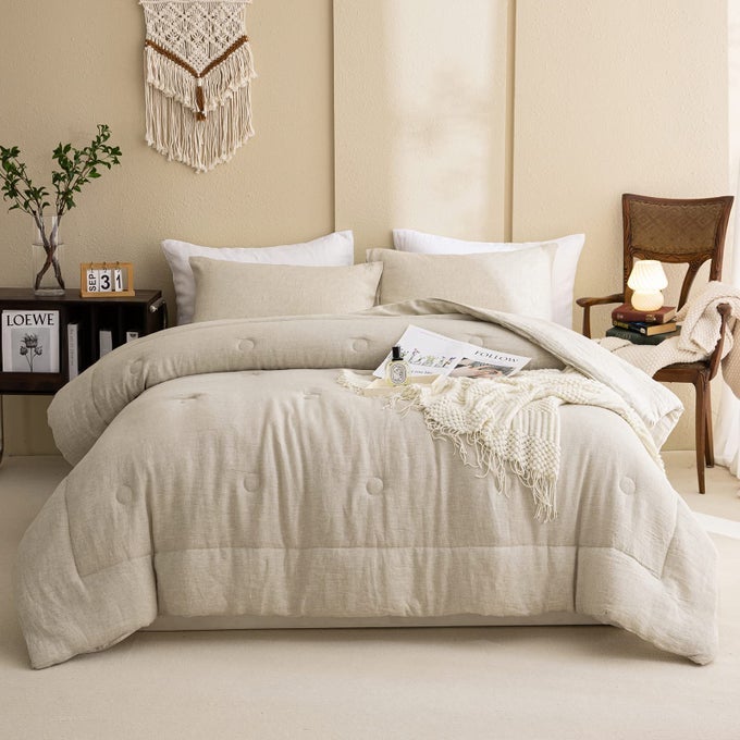 LINEN COMFORTER SET KING SIZE NATURAL FRENCH FLAX LINEN BEDDING COMFORTER SET SOFT BREATHABLE MOISTURE WICKING COMFY BEDDING 3 PIECES