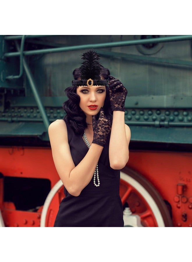 FEPITO 8 Pieces 1920s Flapper Great Gatsby Accessories Set Fashion Roaring 20's Theme Set with Headband Headpiece Long Black Gloves Necklace Earrings for Women（Set D） - Image 5