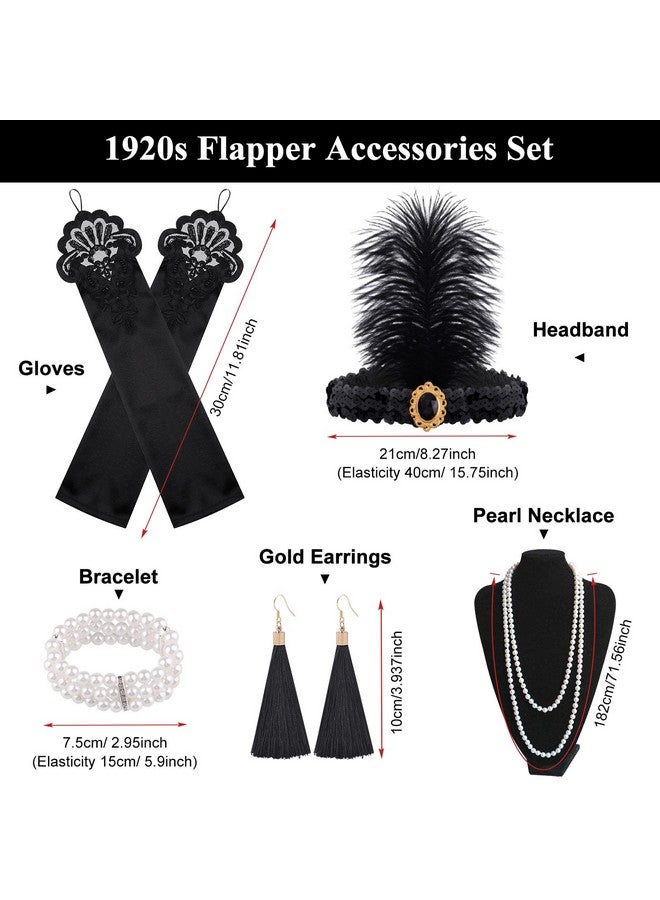 FEPITO 8 Pieces 1920s Flapper Great Gatsby Accessories Set Fashion Roaring 20's Theme Set with Headband Headpiece Long Black Gloves Necklace Earrings for Women（Set D） - Image 3