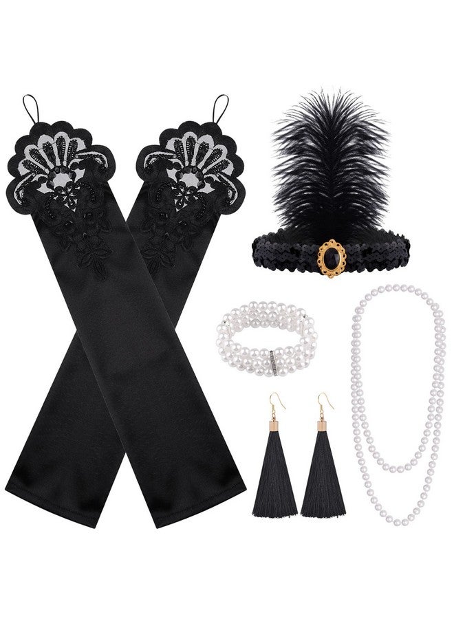 FEPITO 8 Pieces 1920s Flapper Great Gatsby Accessories Set Fashion Roaring 20's Theme Set with Headband Headpiece Long Black Gloves Necklace Earrings for Women（Set D） - Image 1