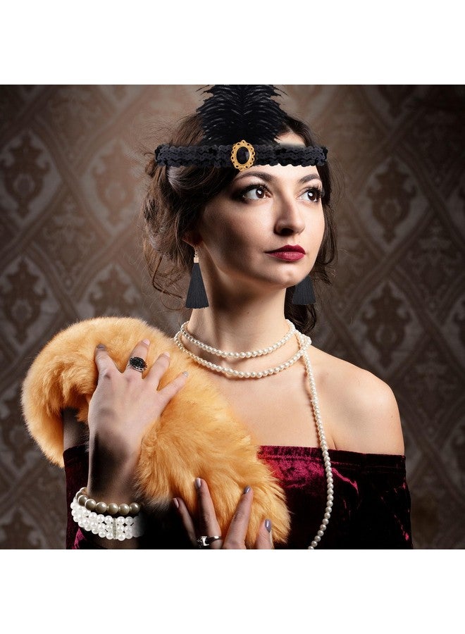 FEPITO 8 Pieces 1920s Flapper Great Gatsby Accessories Set Fashion Roaring 20's Theme Set with Headband Headpiece Long Black Gloves Necklace Earrings for Women（Set D） - Image 2