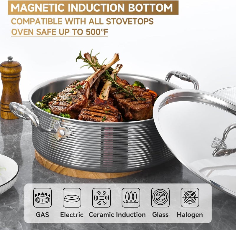 Inqibee 5.5 QT مقلاة سوتيه من الفولاذ المقاوم للصدأ ثلاثي الطبقات مع غطاء فولاذي، مقلاة طهي بالتحريض 12 بوصة، مقلاة برازيير، آمنة في غسالة الصحون والفرن - Image 3