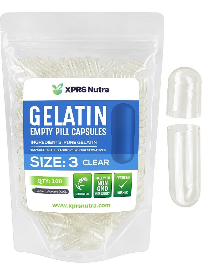 XPRS Nutra Capsules Express- Size 3 Clear Empty Gelatin Capsules 100 Count- Kosher and Halal - Pure Gelatin Pill Capsule - DIY Powder Filling - Image 1