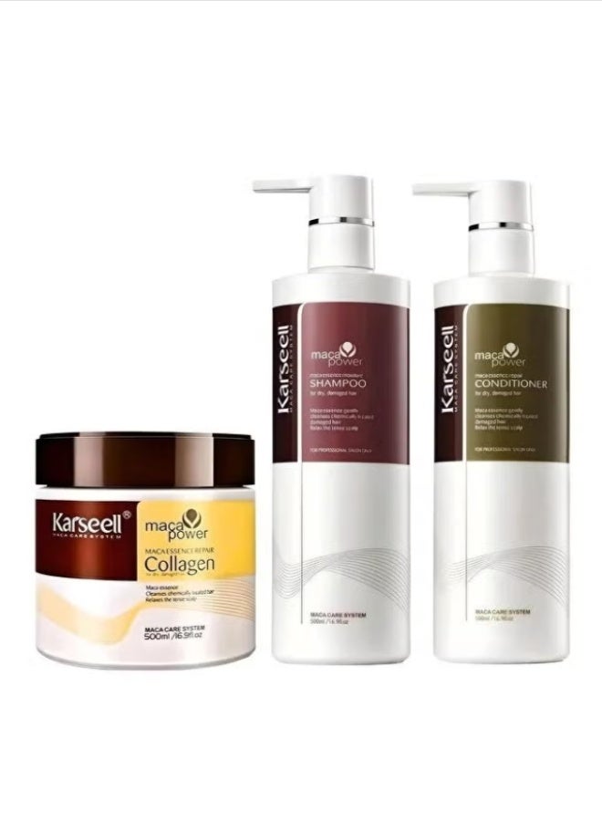 Karseell Maca Power Collagen Hair Care Set – Shampoo Conditioner & Mask Treatment for Damaged Hair, Strengthens & Repairs