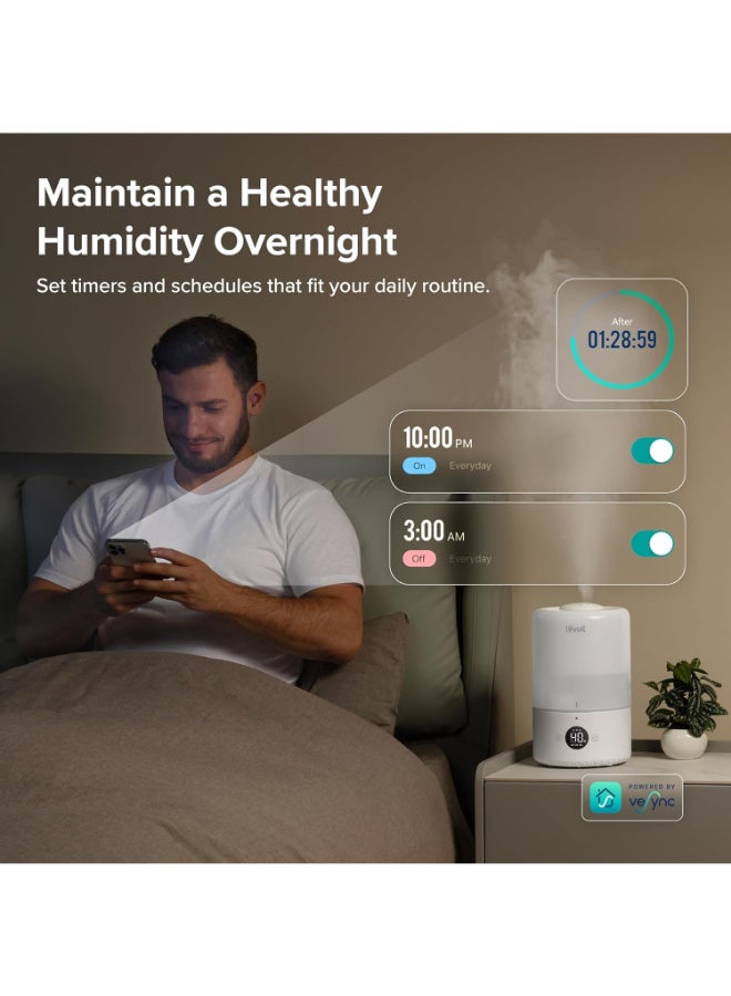 LEVOIT Dual 200S Smart Cool-Mist Humidifier For Bedroom 3L, Top-Fill Cool Humidifier For Baby Room & Home, Smart Control With Humidity For Plants, Quiet Operation With Auto Mode, Essential Oil, Shut-Off, Up To 25H For 27 ㎡ LUH-D302S-WUK White - Image 4