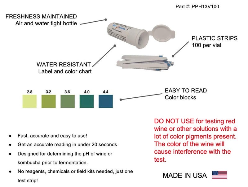 Bartovation pH Test Strips for Wine Making, Homebrew, Acidity, 2.8 to 4.4 pH [Vial of 100 Plastic Strips] - Image 2