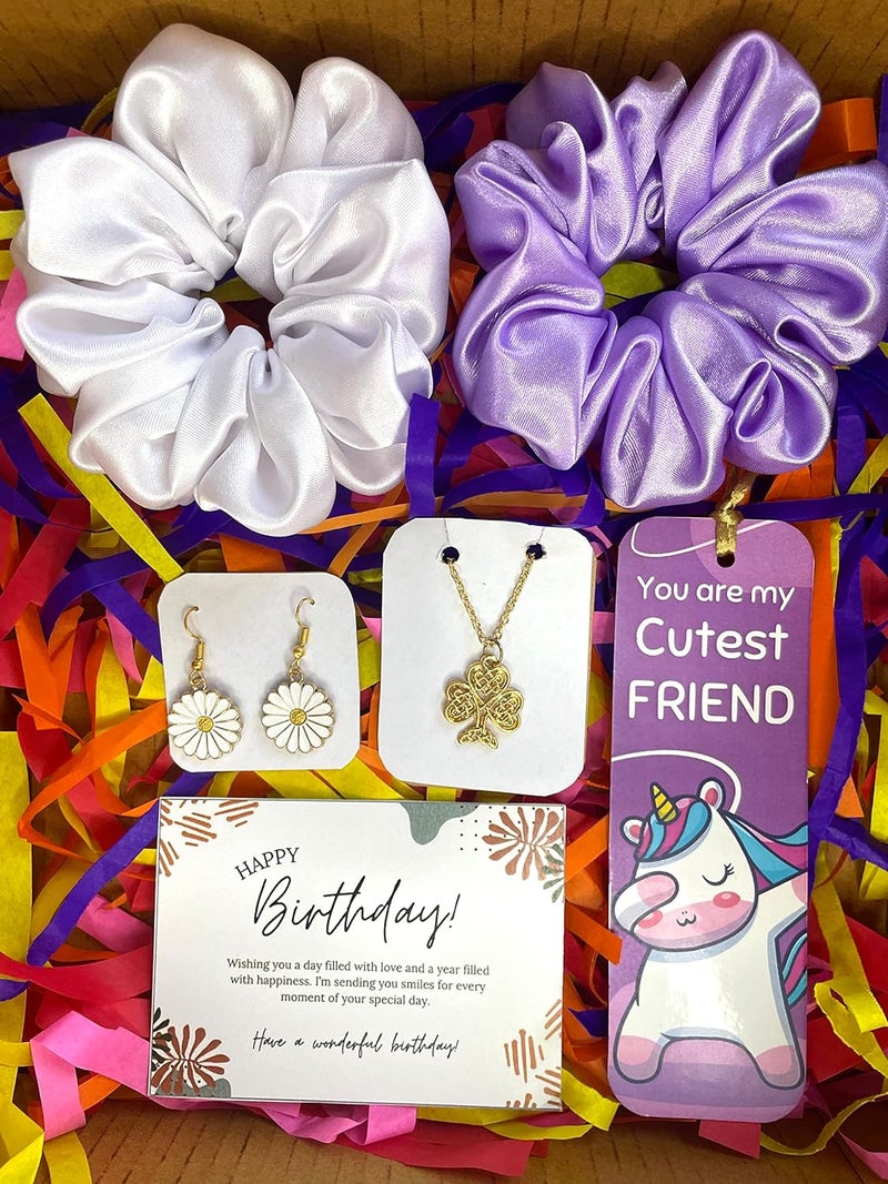 Generic Birthday Gift Combo for Women and Girls 2 Handmade Satin Scrunchies Tree of Life Chain Daisy Earring Bookmark Happy Birthday Card 6 Piece Set Multicolor 1 Count - Image 1