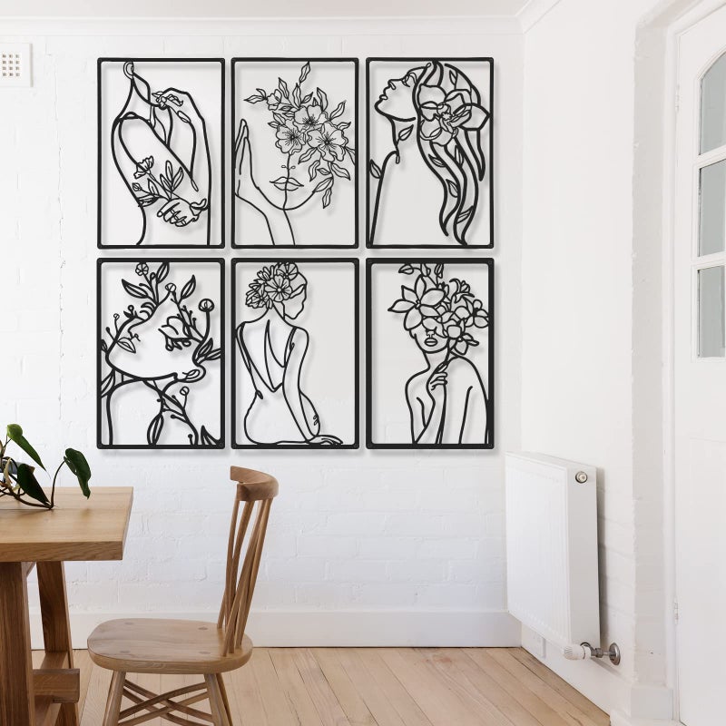 Cindeer 6 Pieces Black Metal Bedroom Wall Decor Minimalist Metal Wall Art Modern Abstract Woman Line Art Living Room Decor Aesthetic Female Bedroom Pictures Sculpture Line Drawing Hanging - Image 4