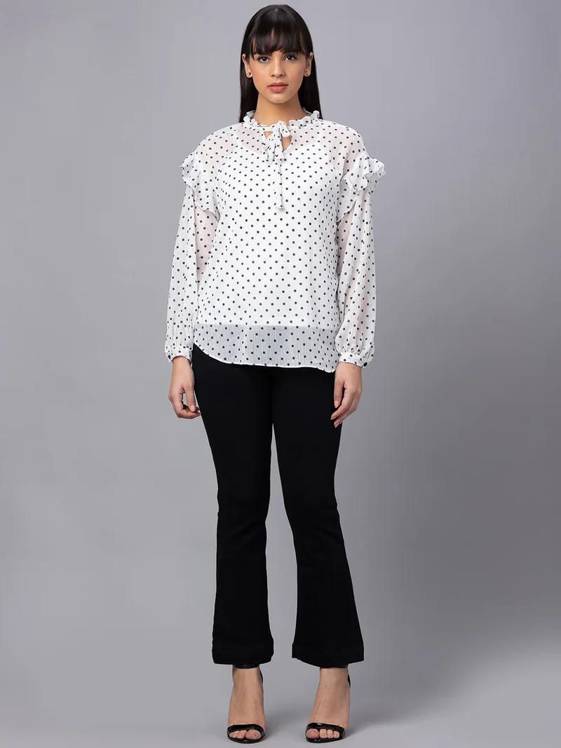 globus Women White Printed Tie-Up Neck Top