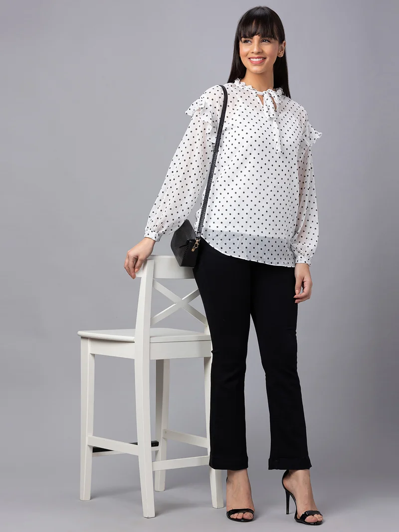globus Women White Printed Tie-Up Neck Top