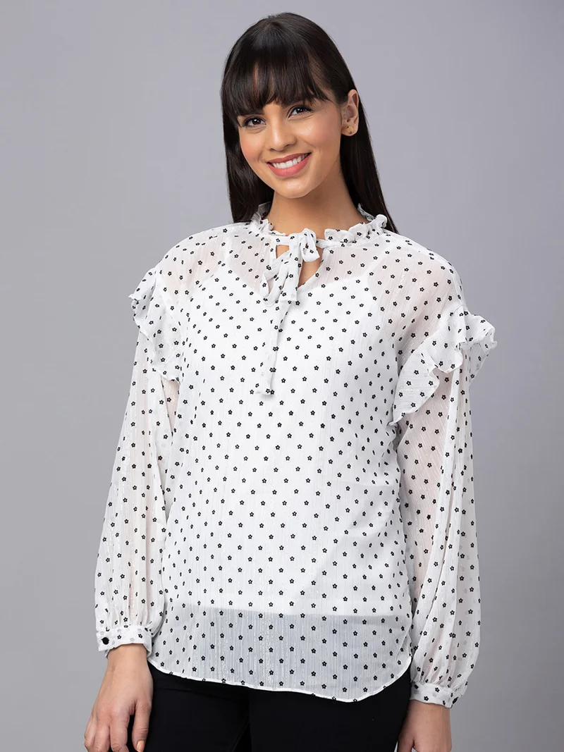 globus Women White Printed Tie-Up Neck Top