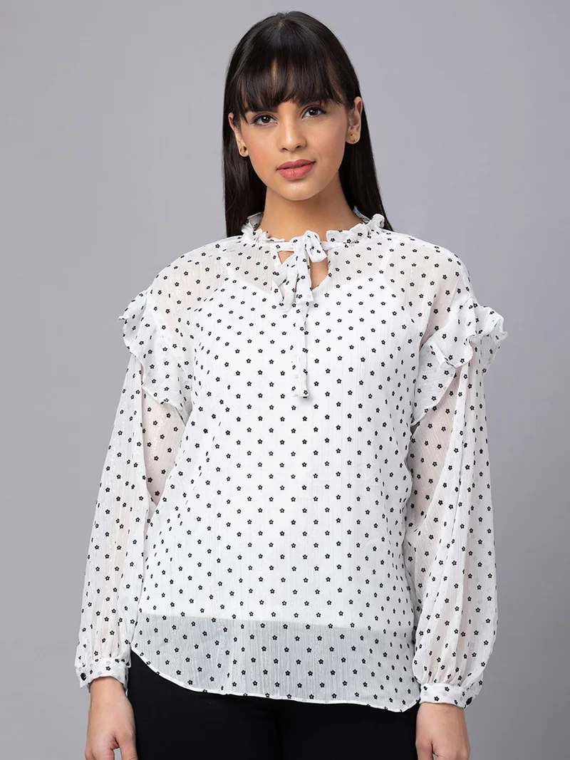globus Women White Printed Tie-Up Neck Top