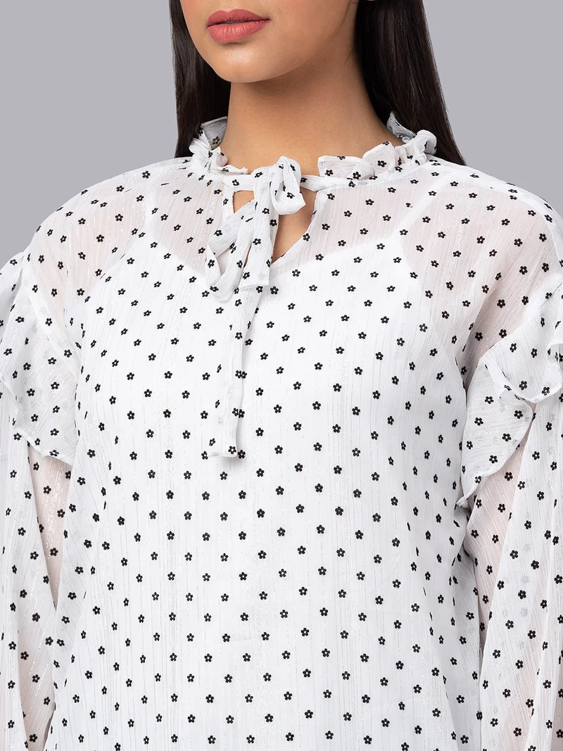 globus Women White Printed Tie-Up Neck Top