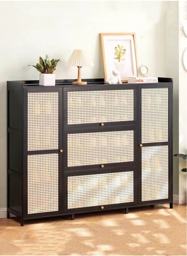 Kutis 3 Rows Multiple Tier Shoe Cabinet With Door  Shoe Organizer Rack  Simple Storage Cabinet Bamboo/Plastic Black/Beige 135x33x110 cm  - Image 2