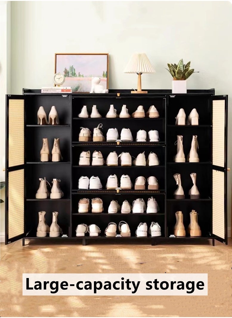 Kutis 3 Rows Multiple Tier Shoe Cabinet With Door  Shoe Organizer Rack  Simple Storage Cabinet Bamboo/Plastic Black/Beige 135x33x110 cm  - Image 4