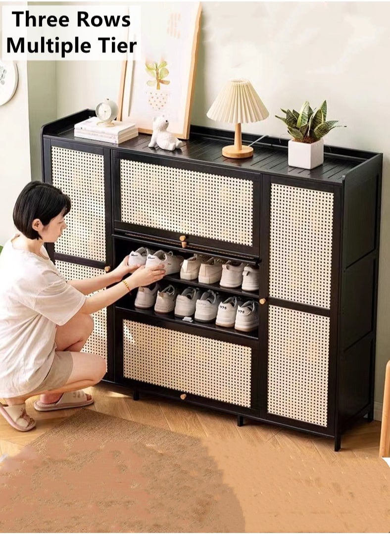 Kutis 3 Rows Multiple Tier Shoe Cabinet With Door  Shoe Organizer Rack  Simple Storage Cabinet Bamboo/Plastic Black/Beige 135x33x110 cm  - Image 1