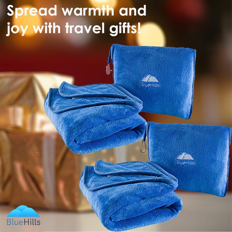 BlueHills بطانية وسادة سفر فاخرة من بلو هيلز 2-pack في حقيبة ناعمة مع حزام أمتعة وحلقة حقيبة ظهر، بطانيات كبيرة مدمجة لأي سفر باللون الأزرق الملكي T015 - Image 2