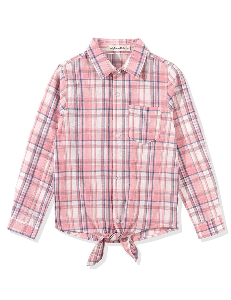 Noomelfish Girls Long Sleeve Plaid Button Down Shirt Tie Front Blouse Tops, Pink Plaid, Size 9-10 Years - Image 1