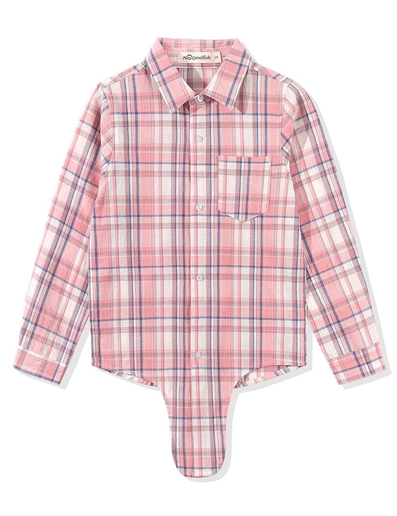 Noomelfish Girls Long Sleeve Plaid Button Down Shirt Tie Front Blouse Tops, Pink Plaid, Size 9-10 Years - Image 2
