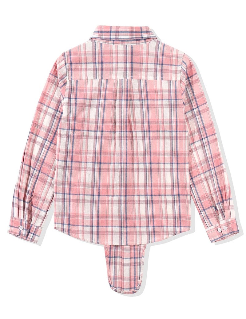 Noomelfish Girls Long Sleeve Plaid Button Down Shirt Tie Front Blouse Tops, Pink Plaid, Size 9-10 Years - Image 3