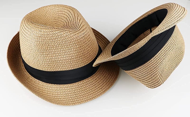 UTOWO Kids Fedora Straw Sun Beach Fedora Hat Floppy Short Brim for Boys Girls(20.5" for 2-5T; 21.26" for 5-8T) Khaki - Image 4