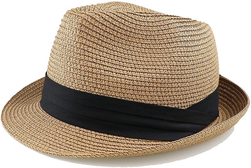 UTOWO Kids Fedora Straw Sun Beach Fedora Hat Floppy Short Brim for Boys Girls(20.5" for 2-5T; 21.26" for 5-8T) Khaki - Image 1