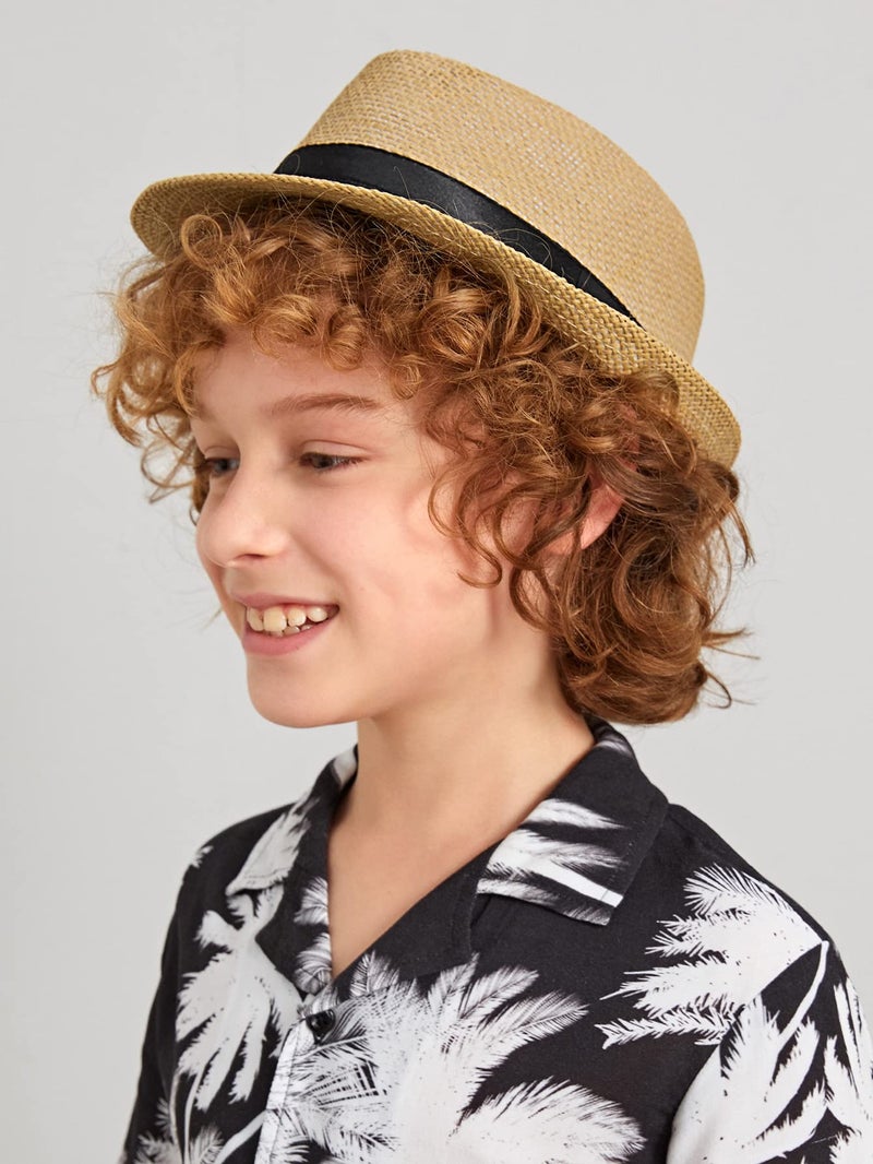UTOWO Kids Fedora Straw Sun Beach Fedora Hat Floppy Short Brim for Boys Girls(20.5" for 2-5T; 21.26" for 5-8T) Khaki - Image 3