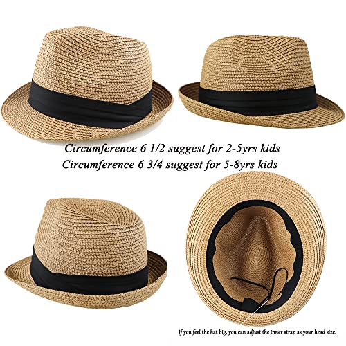 UTOWO Kids Fedora Straw Sun Beach Fedora Hat Floppy Short Brim for Boys Girls(20.5" for 2-5T; 21.26" for 5-8T) Khaki - Image 2