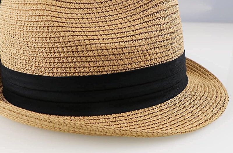 UTOWO Kids Fedora Straw Sun Beach Fedora Hat Floppy Short Brim for Boys Girls(20.5" for 2-5T; 21.26" for 5-8T) Khaki - Image 5