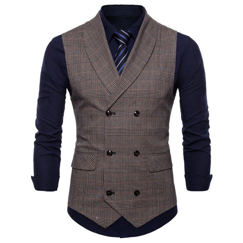 New Summer Fashion Plaid Vest Mens Business Waistcoat Coffee  - Image 1
