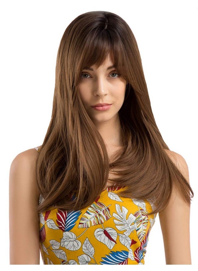 LUSH LOCKS ® Human Wigs With Bangs Long Straight Brunette Wig Natural Look Realistic Synthetic Hair Wig For Women And Girl (Brown)  - Image 1