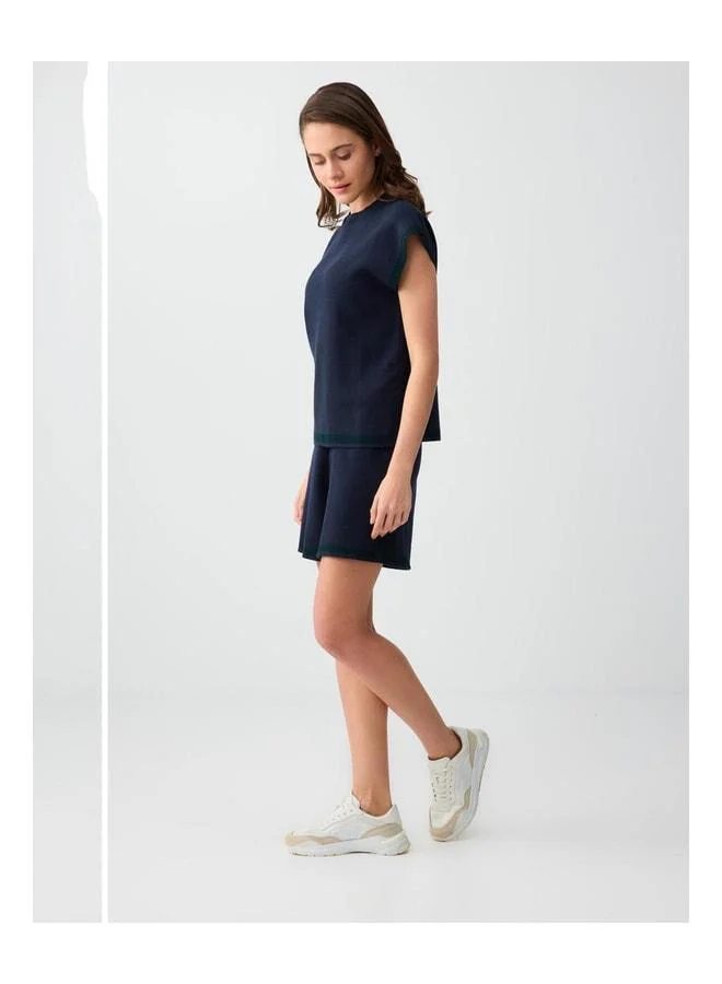 Jimmy Key Navy Blue Straight-Cut High Waist Regular Leg Knit Shorts.