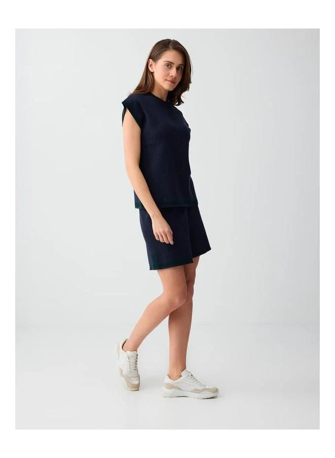 Jimmy Key Navy Blue Straight-Cut High Waist Regular Leg Knit Shorts.