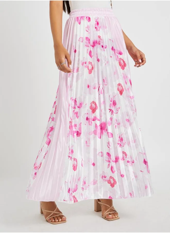 Styli Styli Floral Print Pleated A-Line Maxi Skirt
