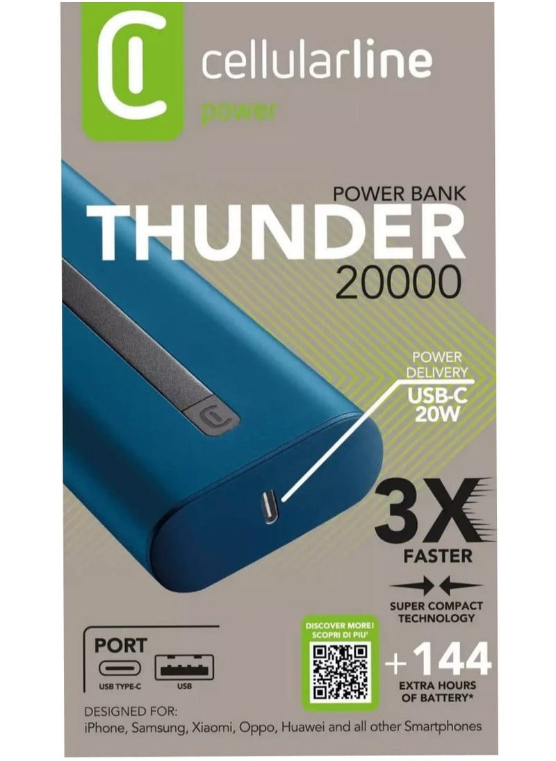 Cellularline - THUNDER 20000 POWER BANK Equipped With a USB-C Port and a USB Port for Charging Devices,Supports Fast Charging With USB-C Power Delivery 20W and an 18W adaptive USB port - Image 1
