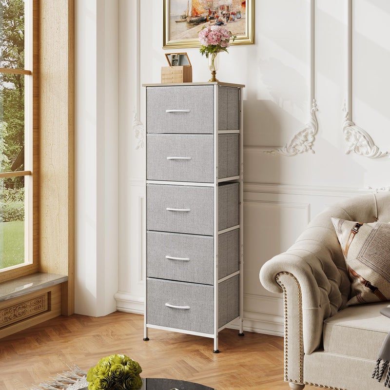 WLIVE Fabric Dresser, 5-Drawer Tall Dressers for Bedroom, Storage Dresser Organizer with Fabric Bins, Wood Top, Sturdy Steel Frame, Chest of Drawers for Closet, Hallway, Light Grey - Image 2