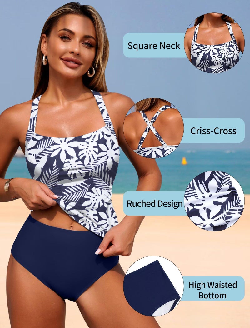 ZAFUL Women's Swimsuit Tankinis Tummy Control Bathing Suits Two Piece Swimwear Full Coverage Swim Suits with High Waisted Bottom White Blue Flower L - Image 4