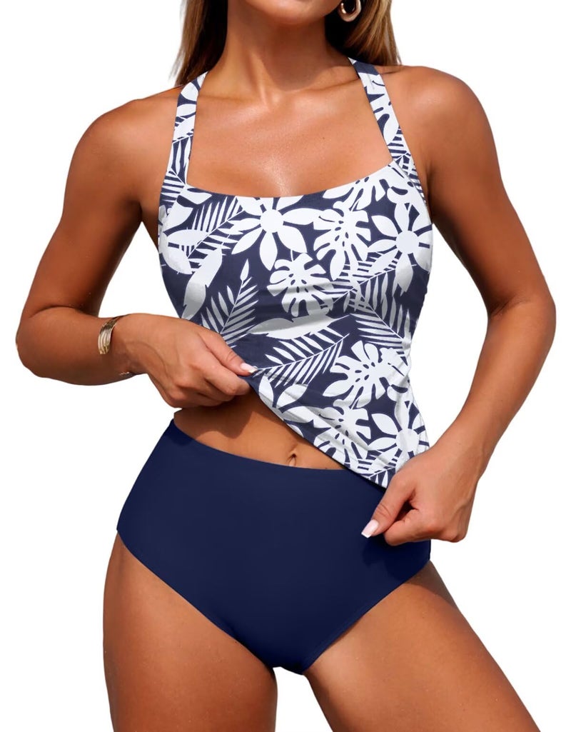 ZAFUL Women's Swimsuit Tankinis Tummy Control Bathing Suits Two Piece Swimwear Full Coverage Swim Suits with High Waisted Bottom White Blue Flower L - Image 1