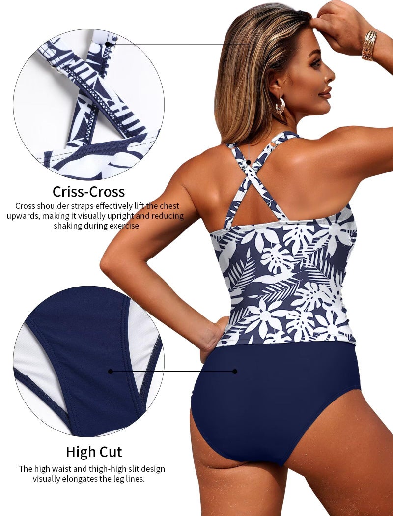 ZAFUL Women's Swimsuit Tankinis Tummy Control Bathing Suits Two Piece Swimwear Full Coverage Swim Suits with High Waisted Bottom White Blue Flower L - Image 5
