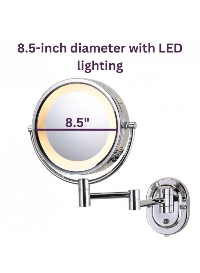 JERDON Two-Sided Wall-Mounted Makeup Mirror with Halo Lighting - Lighted Makeup Mirror with 5X Magnification & Wall-Mount Arm - Plug in Round Mirror with Chrome Finish Wall Mount - Model HL65C - Image 3