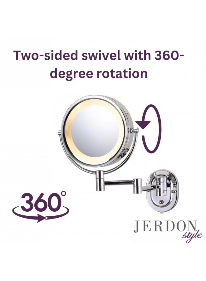 JERDON Two-Sided Wall-Mounted Makeup Mirror with Halo Lighting - Lighted Makeup Mirror with 5X Magnification & Wall-Mount Arm - Plug in Round Mirror with Chrome Finish Wall Mount - Model HL65C - Image 4