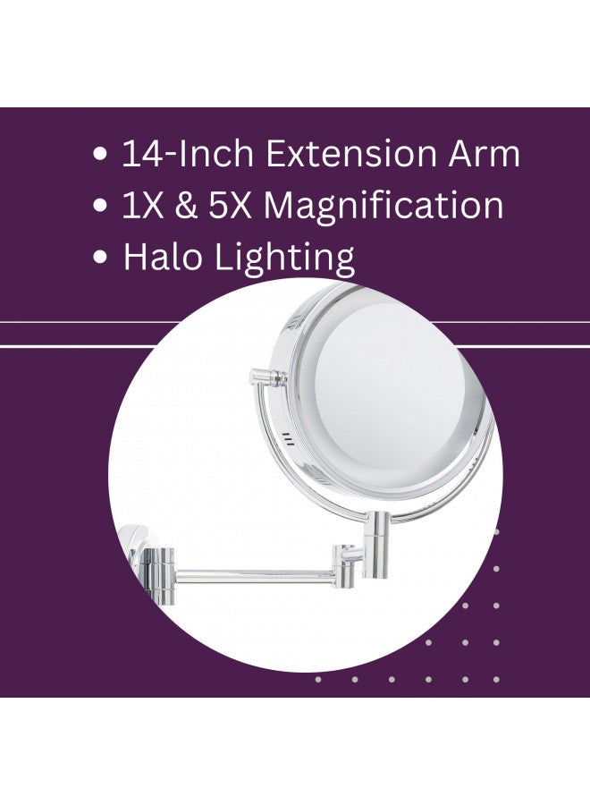 JERDON Two-Sided Wall-Mounted Makeup Mirror with Halo Lighting - Lighted Makeup Mirror with 5X Magnification & Wall-Mount Arm - Plug in Round Mirror with Chrome Finish Wall Mount - Model HL65C - Image 5