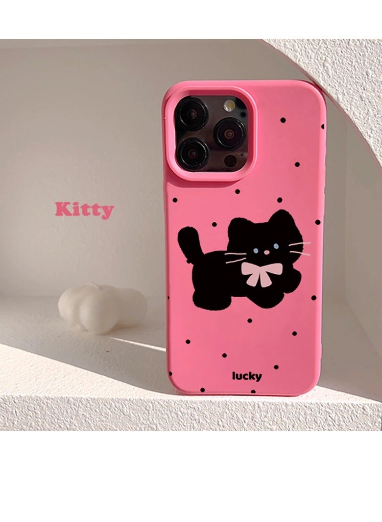 NIBEMINENT Polka Dot Bow Black Cat Protective TPU Case Cover For IPhone 14 Plus, Pink