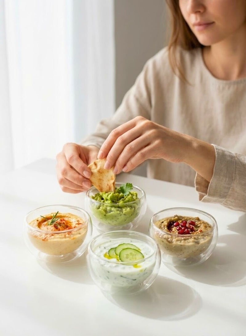 1Chase Double Wall Glass Dip Bowl Set of 4 – 100ml Each | Elegant Insulated Sauce Bowls for Dips, Chutneys, Condiments & Snacks | Clear Borosilicate Serving Bowls – Heat & Cold Resistant - Image 2