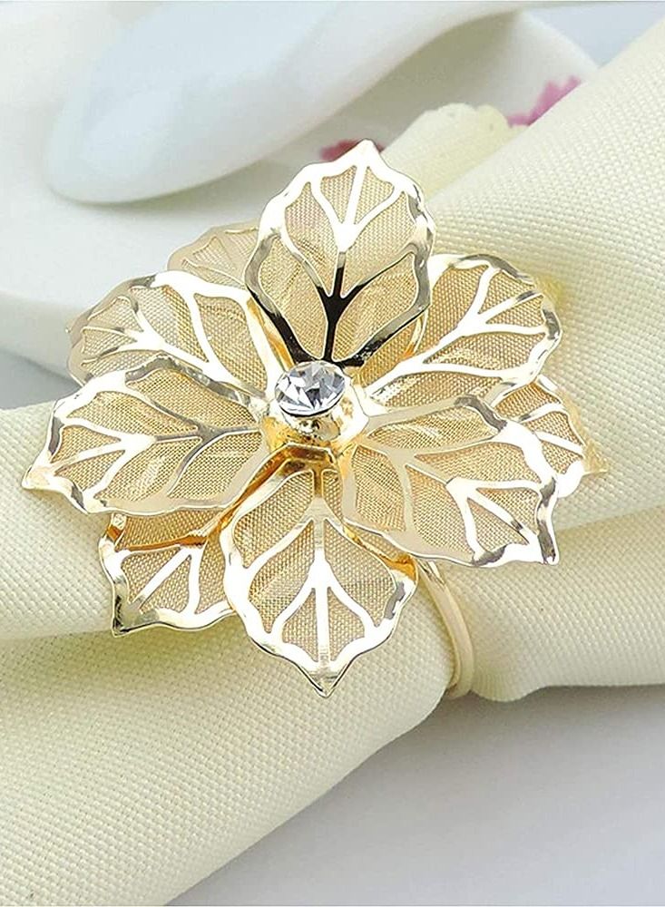 SYOSI Napkin Rings Alloy Hollow Out Flower Ring Napkin Holder Adornment Exquisite Household Floral Rhinestone Napkins Rings Set of 8 - Image 2