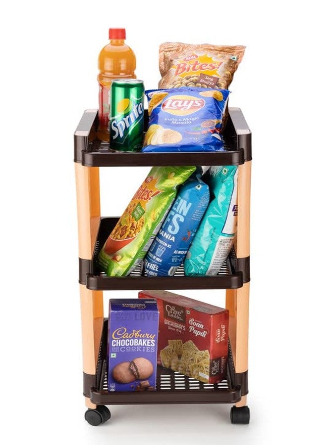 Finner Square 3 Layer Multipurpose Shelf Stand Rack Trolley With Wheels for Kitchen & Office Use - Easy-to-Move Slide Out Basket for Fruits & Vegetables (Brown) - Image 1