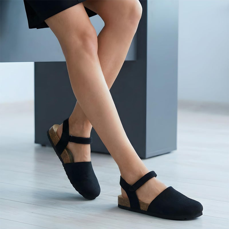 Ecetana Womens Sandals Closed Toe Shoes Dressy Summer Cork Footbed Comfortable Arch Support Flats Sandals for Women Black - Image 4